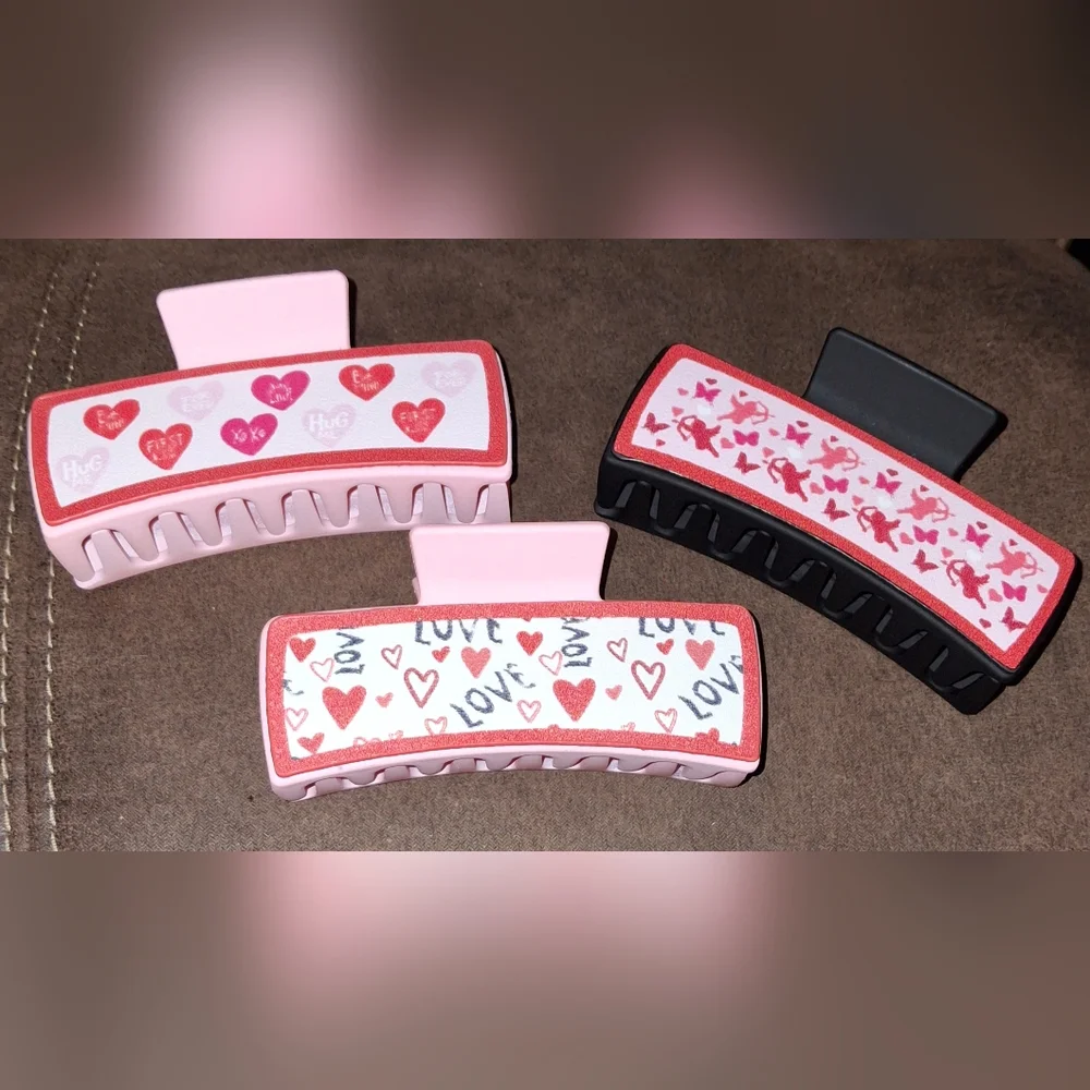 Pink set Hair Clips 💗 hearts large size thick hair love cupid Gift Teen Women
